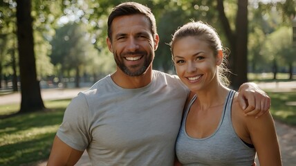 Obraz premium Couple in Athletic Wear Walking Through Park on Sunny Day