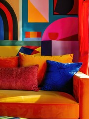 A colorful couch with pillows in various colors, including red, yellow, and blue
