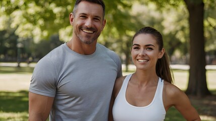 Obraz premium Couple in Athletic Wear Walking Through Park on Sunny Day