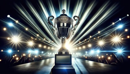 grand trophy stands center stage bathed in a dramatic spotlight with rays of light penetrating the darkness around