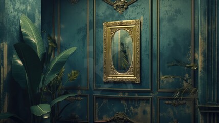 Gallery room interior with drawer table and decorative mockup frame with green plants and play of light