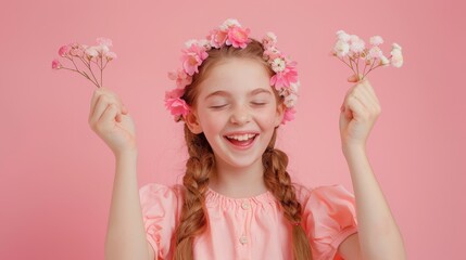 Angry girl holding a fresh flower bush in a good mood with her hands raised in excitement isolated on pink background in vertical collage