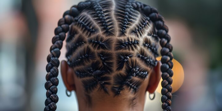 Close-up of two intricate cornrow braids at the nape of the neck. Concept Cornrow Braids, Nape of the Neck, Close-Up, Intricate Design