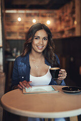 Woman, portrait and smiling with tablet in cafe, digital screen and happy or browsing online for social media or news. Relax, connection and freelance blogger with tech, restaurant and coffee break