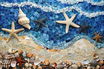 Exquisite mosaic artwork featuring seashells and starfish on sandy shore. Vibrant blue tones capture beauty of sea life in stunning nature depiction
