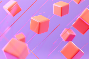 Obraz premium Coral cubes floating on a lavender gradient background with dynamic diagonal lines, abstract 3D minimalism