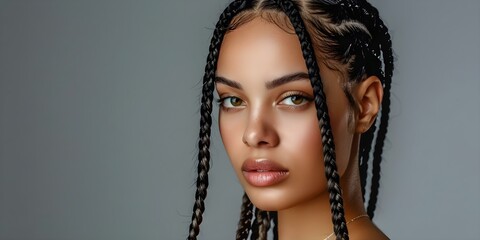 Stylish woman with modern hairstyle and cornrows on grey background. Concept Fashion Photography, Modern Hairstyle, Cornrow Braids, Stylish Woman, Grey Background