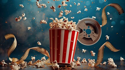 An energetic banner of popcorn buckets and film strip soaring through the air, the fun and anticipation of a night at the movies, ideal for celebrating the cinematic experience