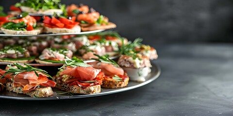 A Variety of Foods Stacked on a Shiny Metal Plate Makes an Appetizing Presentation. Concept Food Presentation, Stacked Dishes, Shiny Plates, Appetizing Food, Variety of Foods