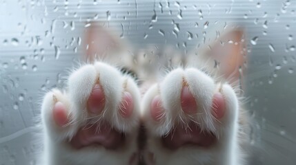 Cute Fuzzy Cat Paws Pressing Against Rainy Window Glass