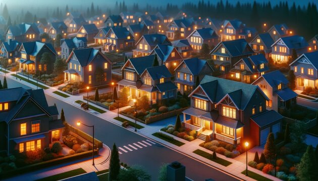 suburban neighborhood at dusk, featuring warm light illuminating the houses and street