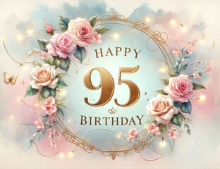 Elegant 95th birthday greeting card with pink and white roses in delicate pastel tones.