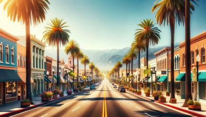 Obraz premium palm-lined street in a vibrant town. The road is flanked by classic architecture,