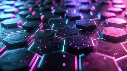 Fototapeta premium Brightly glowing hexagonal shapes on a black backdrop