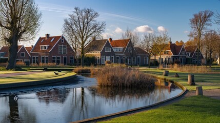 Fototapeta premium Serene canal with Dutch, British houses, golden sunlight, clear blue sky