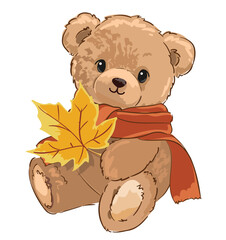 Cute Teddy Bear in a scarf autumn vector illustration, Hand Drawn Cute Print for baby, kids print design