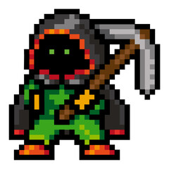 Fototapeta premium Game character dwarf, pixel graphics, 8 bits, vector image. Dwarf in the hood with the tool in his hand. Animated hero. Eyes glow, legs apart. It is painted in different colors: orange, green, brown.