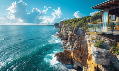 A dramatic cliffside view of the ocean with rugged coastline, seen from a balcony of a cliffside cottage