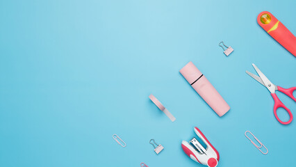 Various school office  on blue background. Back to school concept. Top view