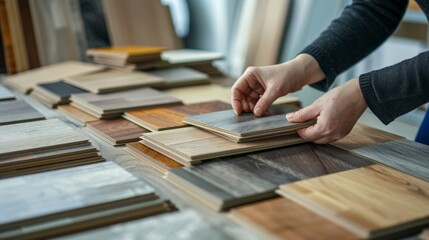 A customers hands select from a variety of hardwood flooring samples in a store