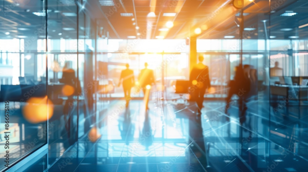 Poster a blurry image of several people walking through a modern office entrance. the image is taken from a