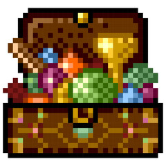 Abstract background with squares. Pixel drawing for a computer game, avatar. Chest made of wood. It has precious stones, gold, treasures. Green, blue, yellow, gold color.