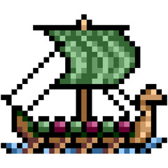 Fototapeta premium pixel art. Viking ship drakkar. Vector pixel graphics. The sails are green. Round shields.