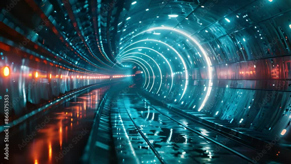 Aufkleber a long, cylindrical tunnel with bright blue lights and a wet, reflective floor. the tunnel seems to 