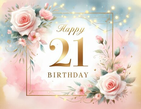 Elegant 21st birthday card with gold lettering, pastel flowers, and fairy lights - Powered by Adobe