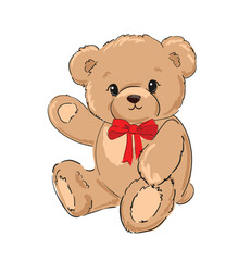 teddy bear and red bow vector hand drawn illustration cute print design for kids