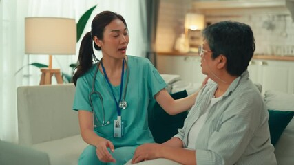young nurse explaining medical results in digital tablet laptop to senior couple Asian older woman talking to young female nurse doctor help patient education Care Retirement Volunteer CharityNursing - Powered by Adobe
