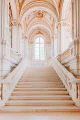 Obraz premium grand staircase inside a historic building, with arched windows and a view of the surrounding architecture