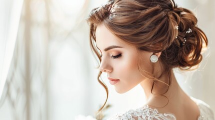 Elegant bride with updo, light background, bridal look