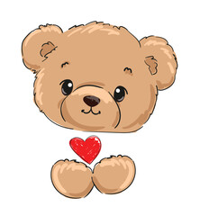 teddy bear and red heart vector hand drawn illustration cute print design for kids 