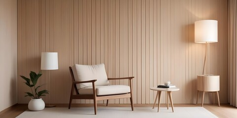 Room interior mock-up in beige tones with wooden chair and wood panel. Generative AI