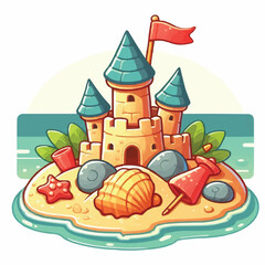 Beach sandcastle toy in summer to play near sea cartoon. Cute sand castle game icon with seashell and rock object. Kid vacation sculpture clipart drawing with red flag. Creative fantasy palace graphic