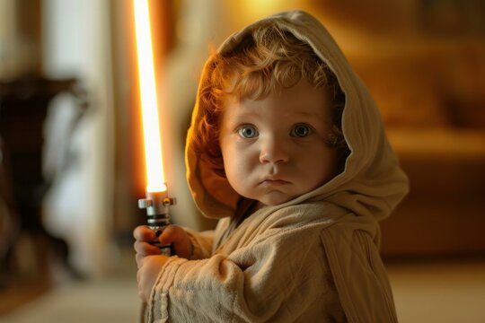 Adorable toddler dressed as a young jedi with a glowing lightsaber in a warm indoor setting