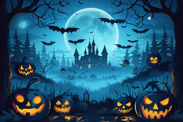 Eerie Halloween misty forest scene with dark old castle, silhouettes of bats flying across the full moon and carved pumpkins with glowing interiors placed along the road