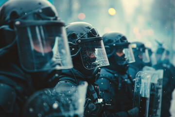 A group of police officers are standing in a line, all wearing black helmets