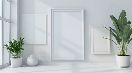 Serene pastel interior with floating picture frame