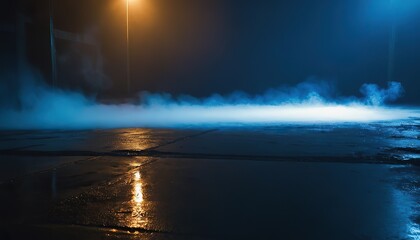 Obraz premium Dark urban night scene with neon lights and spotlights 