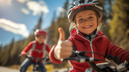 Obraz premium A young girl is smiling and giving a thumbs up while riding a bike. She is wearing a red jacket and helmet