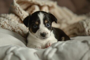 Cute black and white puppy with soulful eyes relaxes on a soft blanket indoors