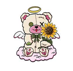Cute Teddy Bear is Angel. The cartoon toy with flower. Funny illustration for kids.