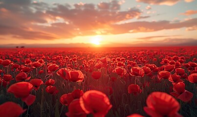 Obraz premium Sunset field with red poppies, a beautiful nature background for Remembrance Day and Veterans Day, lest we forget.