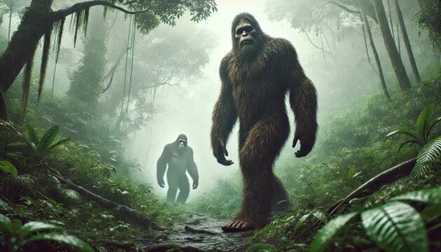 Bigfoot in the forest, hairy monster mysterious sasquatch silhouette in the fog