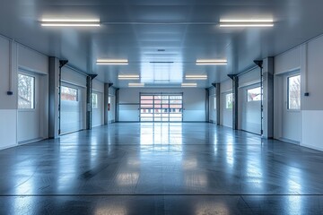 Modern Spacious Industrial Garage with Clean Shiny Floors and Large Windows