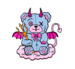 Cute cartoon Teddy Bear is demon with the trident. Vector Emo illustration for girls. T-shirt design. The drawing in PNG.