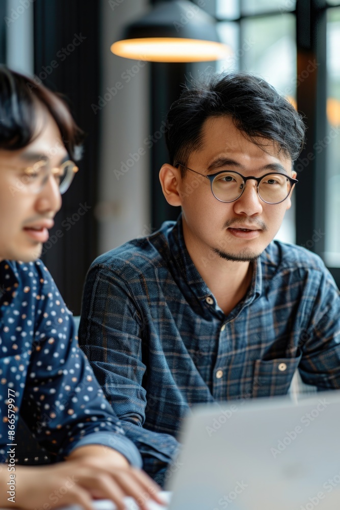 Poster Two men are sitting at a table with a laptop in front of them