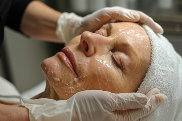 Naklejka premium Senior Woman Receiving Professional Facial Treatment in Spa Setting for Rejuvenation